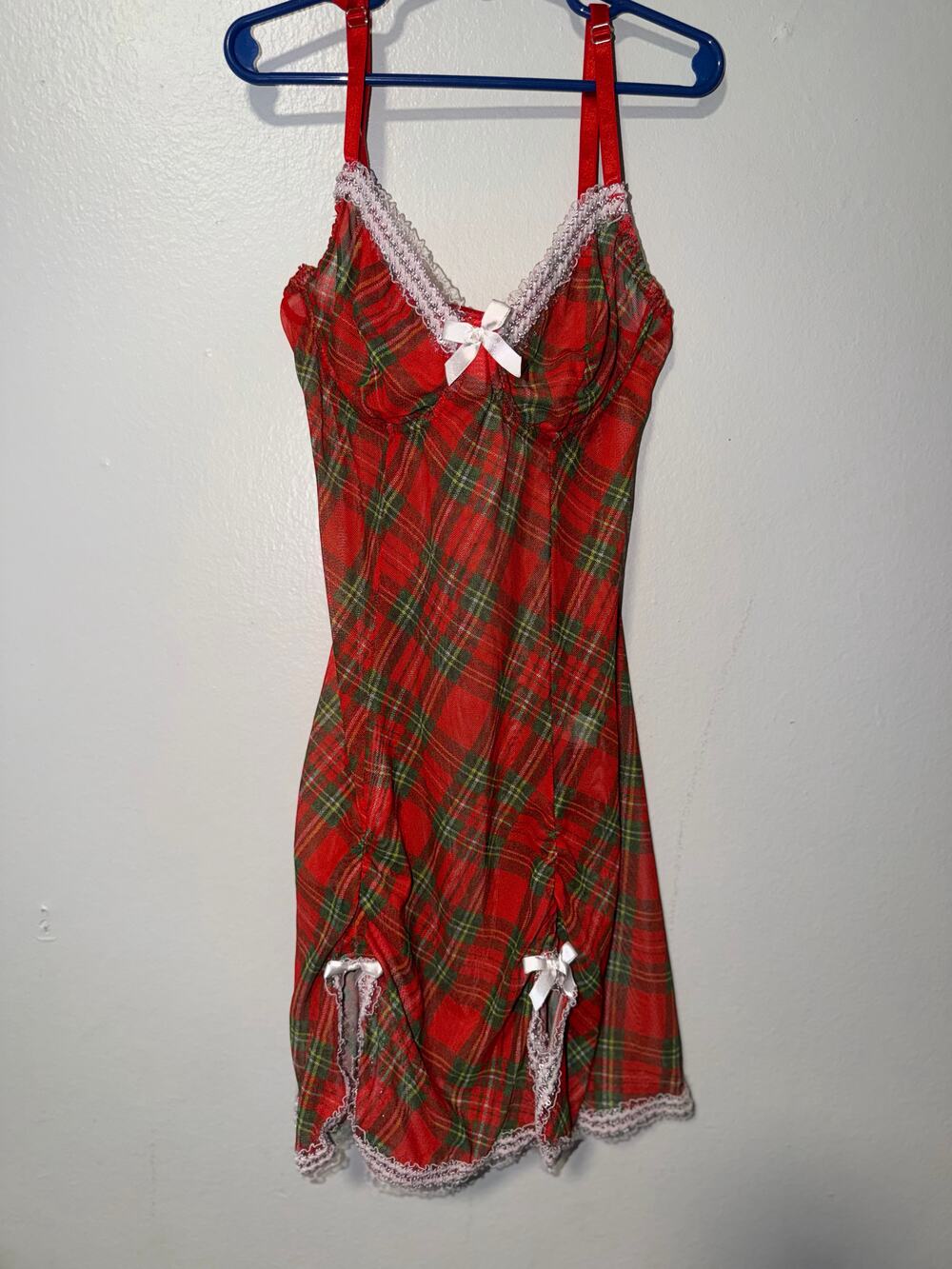Red Green Plaid Slip Dress Lace Trim Bow Accent Adjustable Straps
